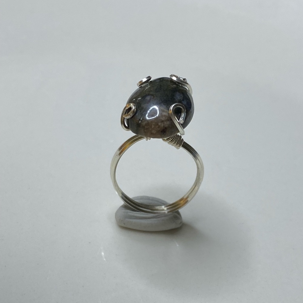 Artisan sterling silver oval Larvikite crystal prong style ring